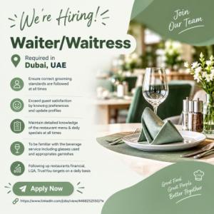 Waiter/Waitress Required in Dubai