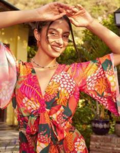 AED 50, Orange Floral Front Tie Knot Playsuit By Sassafras